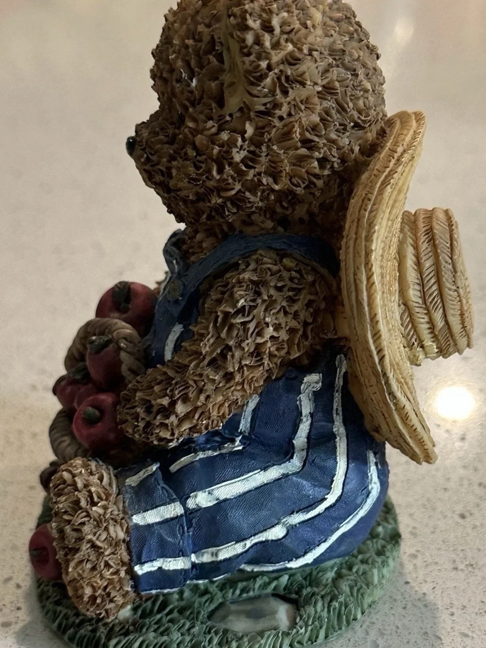 Brown Bear Figurine with Blue Striped Overalls & Apple Basket